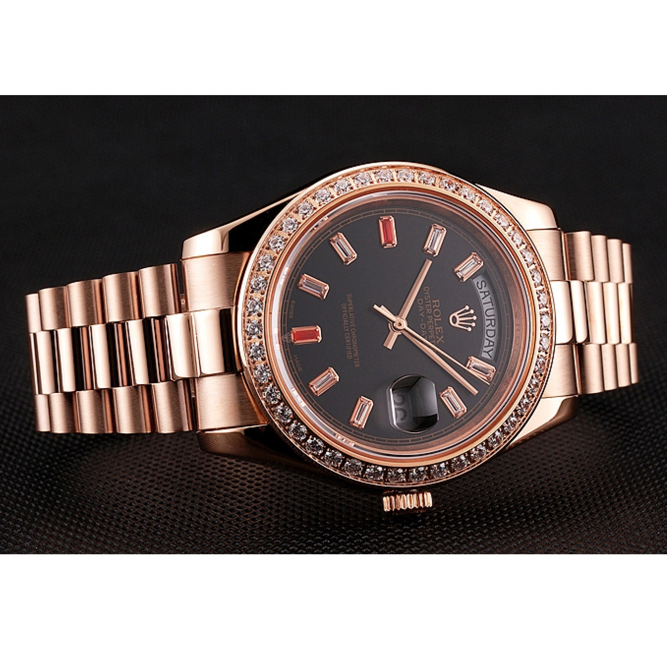 Aaa replica Diamonds Rolex Gold Dial 1454102 Bracelet And Rose Black Day-Date Rubies Swiss 0528